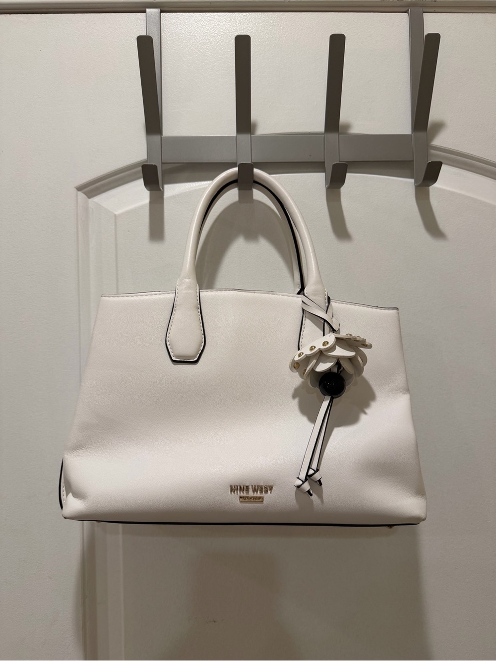 Nine West White Structured Satchel with Floral Charm